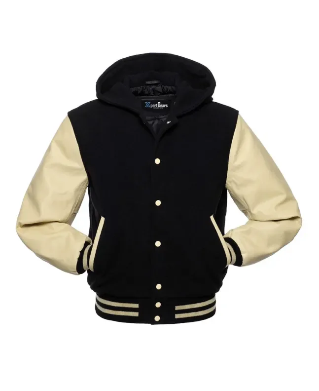 Front view of Black and Cream Varsity Jacket featuring a hoodie collar, black wool body, and sophisticated cream leather sleeves.