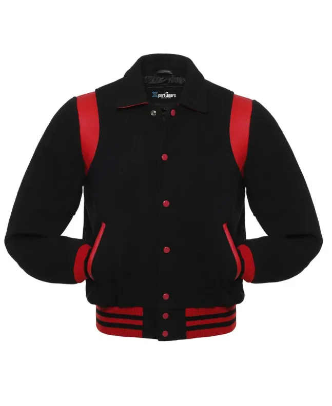 Front view of Black Retro Varsity Jacket featuring a retro collar, black wool body and sleeves, and bold red leather shoulder inserts.