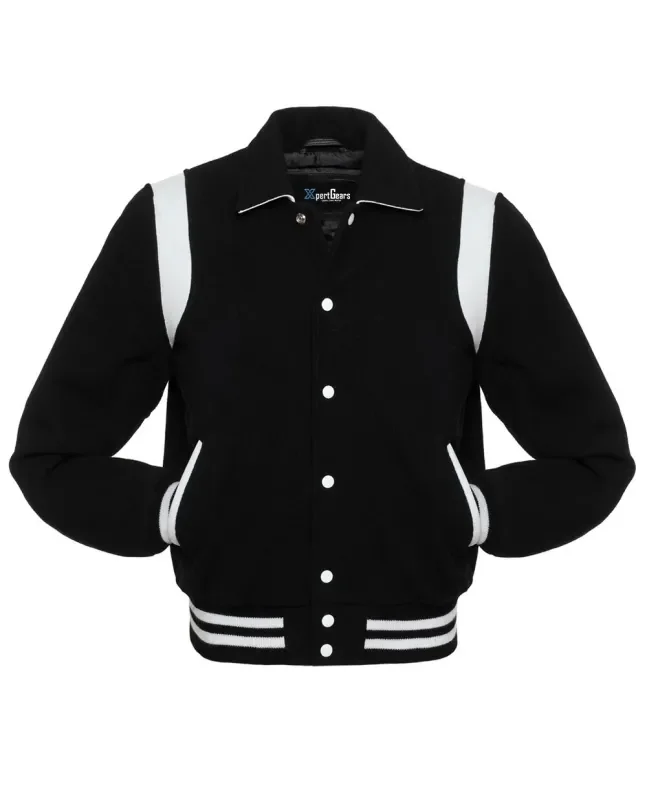 Front view of Black Retro Varsity Jacket featuring a retro collar, black wool body, and distinctive white leather shoulder inserts.