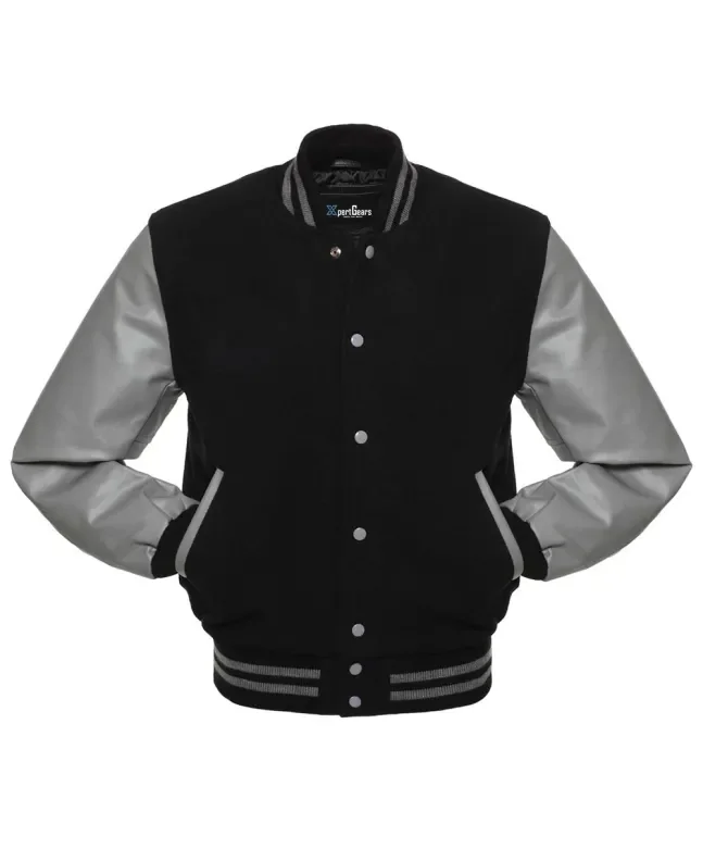 Black Wool American Varsity Jacket with Grey Vinyl Sleeves - Front View
