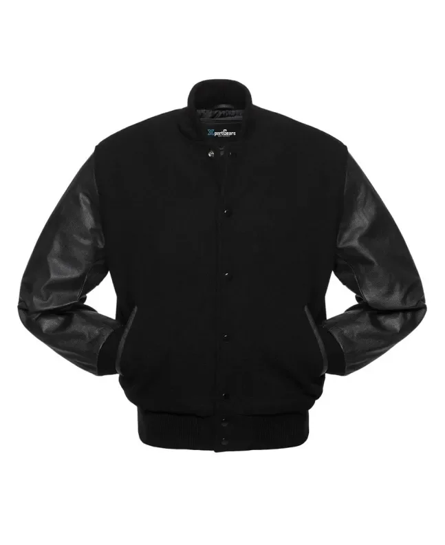Black Wool & Cowhide Leather American Varsity Jacket - Front View