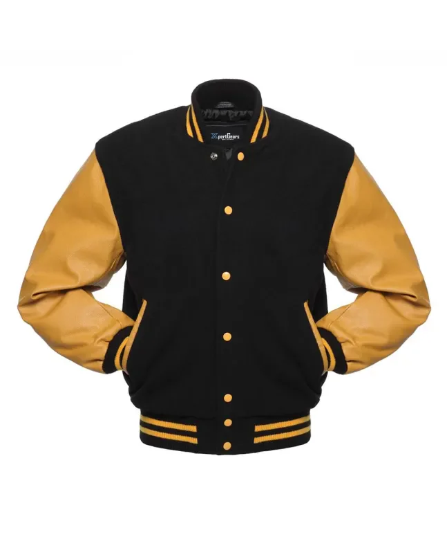 Black Wool and Gold Cowhide Leather American Varsity Jacket - Front View