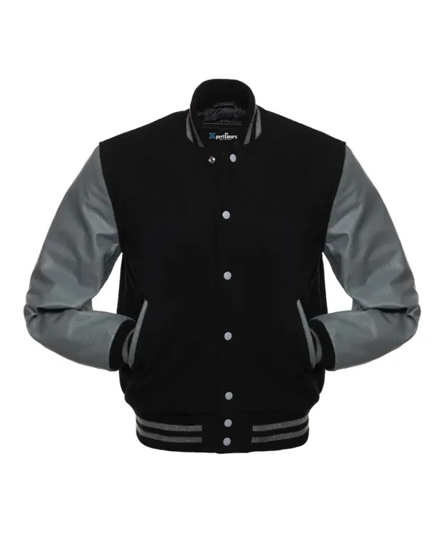 Black Wool and Grey Cowhide Leather American Varsity Jacket - Front View