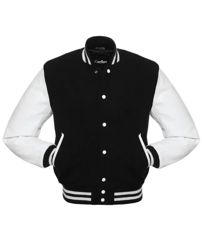 Black Wool and White Cowhide Leather American Varsity Jacket - Front View