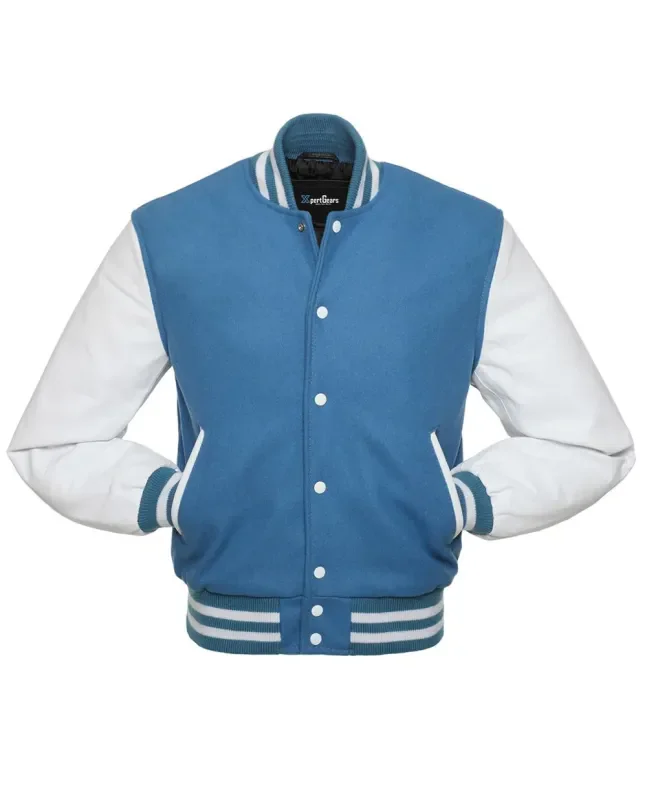 Columbia Blue Wool Body American Varsity Jacket with White Leather Sleeves - Front View