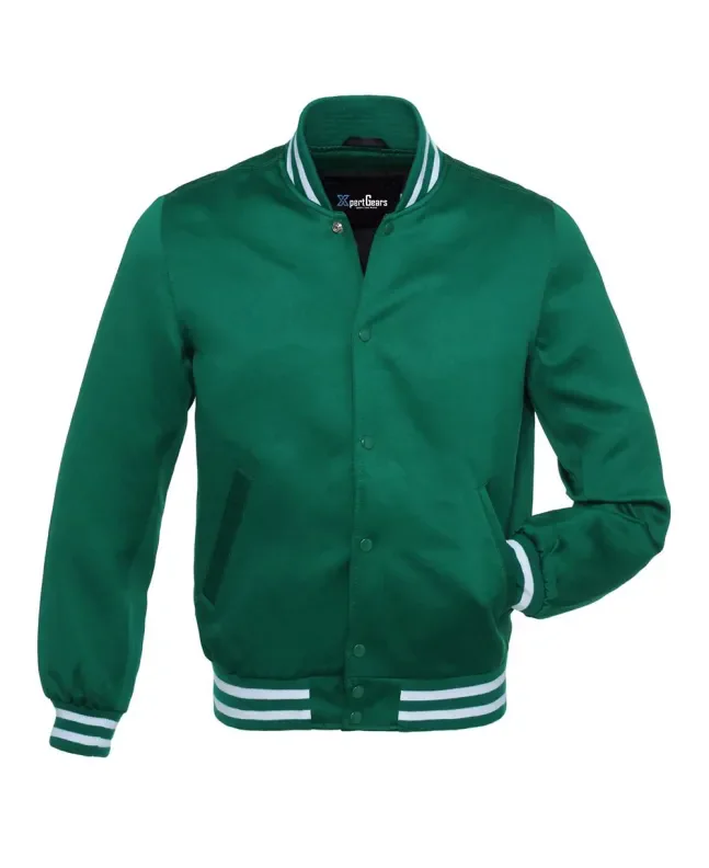 Forest Green Striped Satin Bomber Jacket: Front view showcasing the deep forest green satin fabric with contrasting stripes on cuffs and hem, featuring a stylish bomber design.