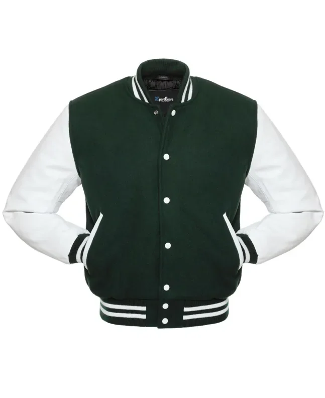 Forest Green Wool and White Leather American Varsity Jacket - Front View