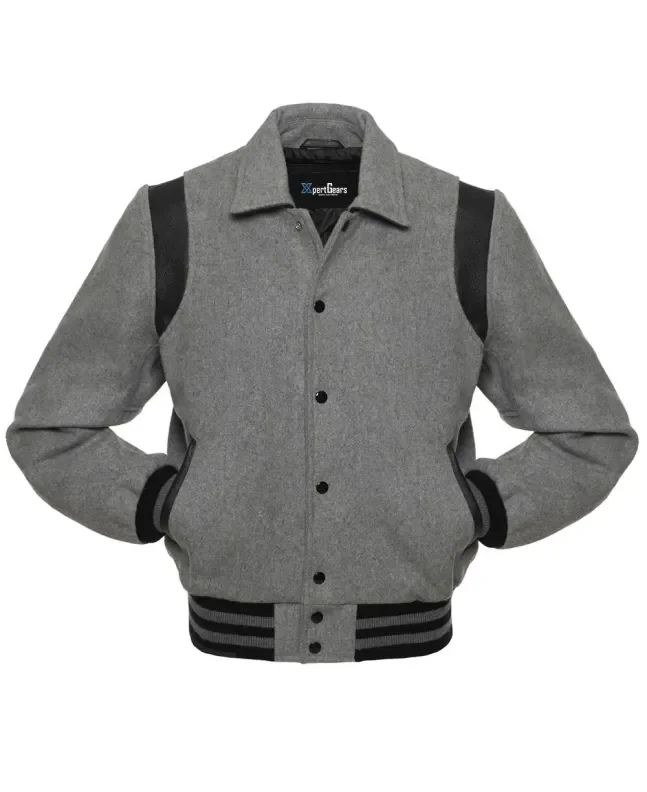 Front view of Grey Retro Varsity Jacket featuring a retro collar, sleek grey wool body and sleeves, accented by contrasting black leather shoulder inserts.