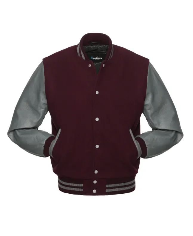 Maroon Wool Body American Varsity Jacket with Grey Leather Sleeves - Front View