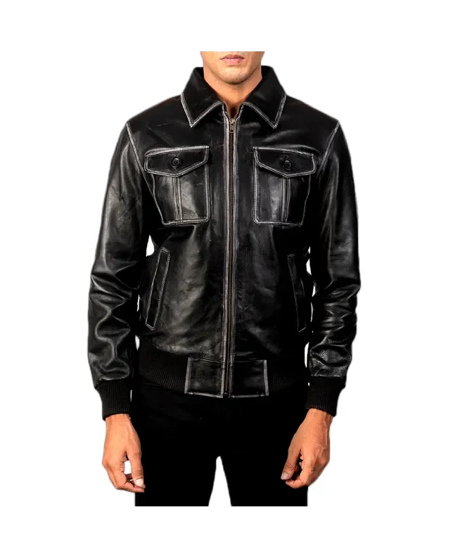 mens-onyx-black-leather-bomber-front-zipped-view