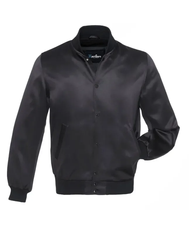 Midnight Monochrome Satin Bomber Jacket: Front view showcasing the sleek midnight-colored satin fabric with minimalistic accents and ribbed cuffs and hem.