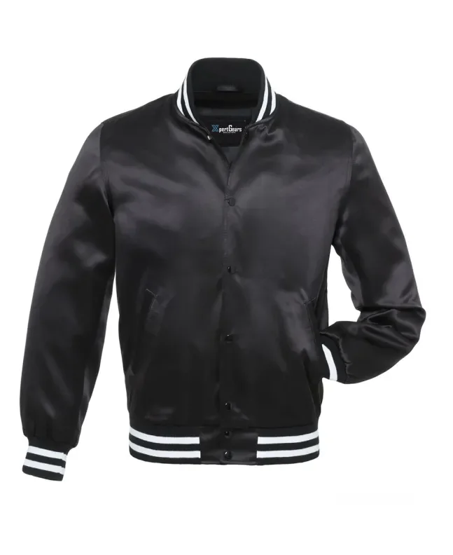 Midnight Monochrome Satin Bomber Jacket: Front view showcasing the sleek midnight-colored satin fabric with minimalistic accents and ribbed cuffs and hem.
