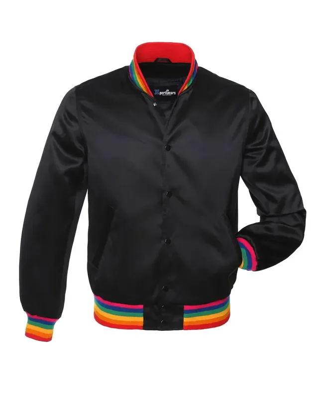 Midnight Rainbow Satin Bomber Jacket: Front view showcasing the sleek midnight-colored satin fabric with a gradient rainbow sheen, featuring ribbed cuffs and hem.