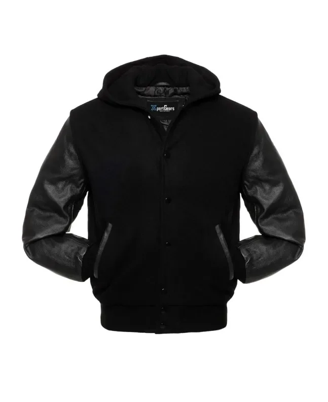Front view of Midnight Run Black Wool Varsity Jacket showcasing ribbed cuffs and hem, button-up closure, and contrasting leather sleeves.