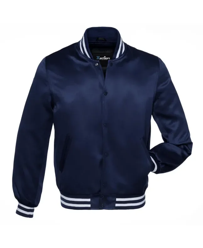 Nautical Navy Blue Striped Satin Bomber Jacket: Front view showcasing the rich navy blue satin fabric with contrasting stripes on cuffs and hem, featuring a stylish bomber design.
