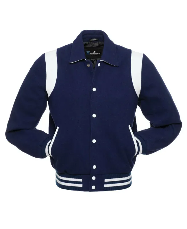 Front view of Navy Blue Retro Varsity Jacket featuring a retro collar, navy blue wool body and sleeves, and contrasting white leather shoulder inserts.