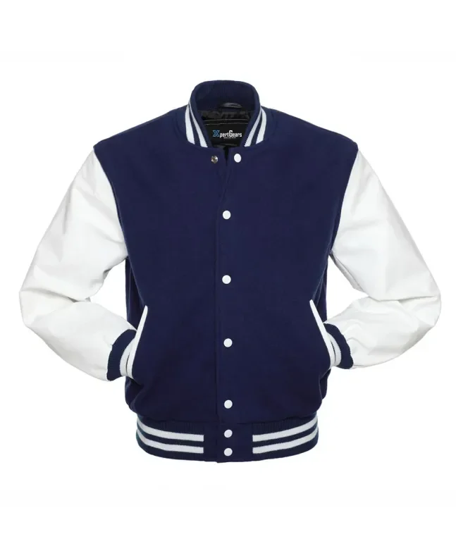 Navy Blue Wool American Varsity Jacket with White Vinyl Sleeves - Front View