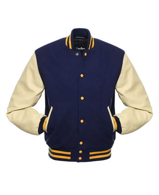 Navy Blue Wool Body American Varsity Jacket with Cream Leather Sleeves - Front View