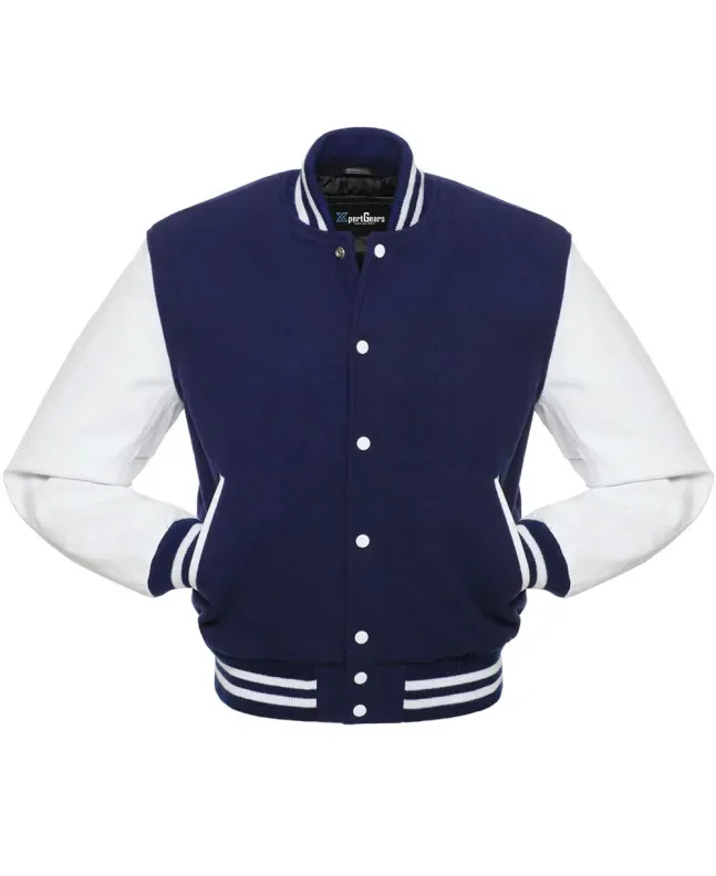 Navy Blue Wool and Cowhide Leather American Varsity Jacket - Front View