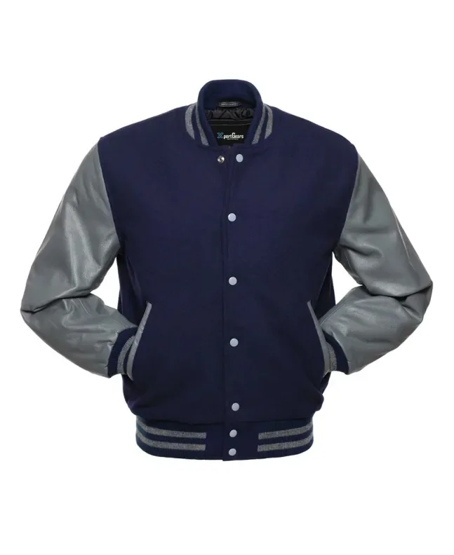 Navy Blue Wool and Cowhide Leather American Varsity Jacket - Front View