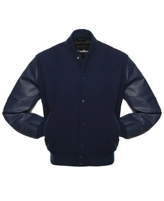 Navy Blue Wool and Cowhide Leather American Varsity Jacket - Front View