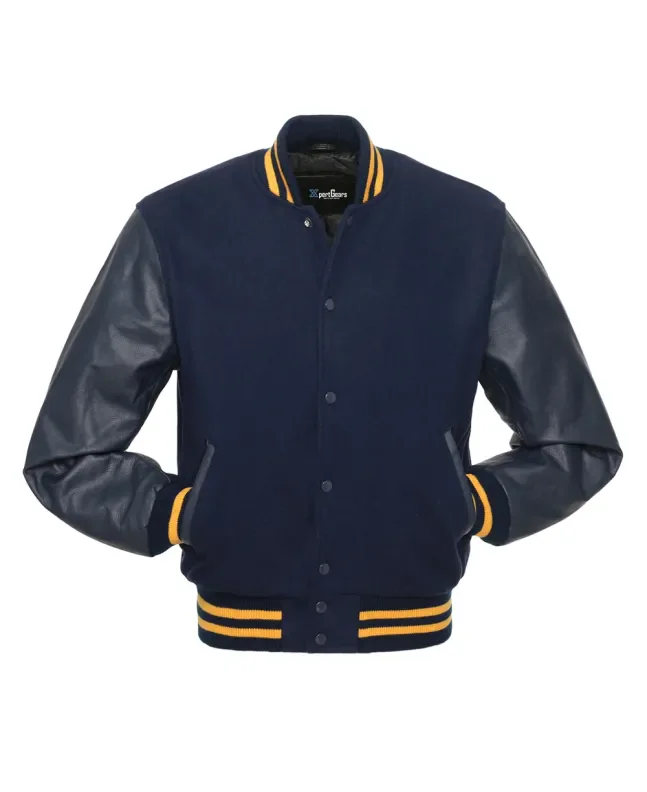 Navy Blue Wool and Cowhide Leather American Varsity Jacket - Front View