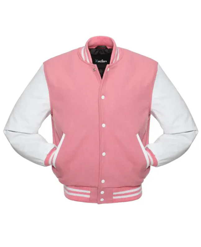 Pink Wool and White Leather American Varsity Jacket - Front View