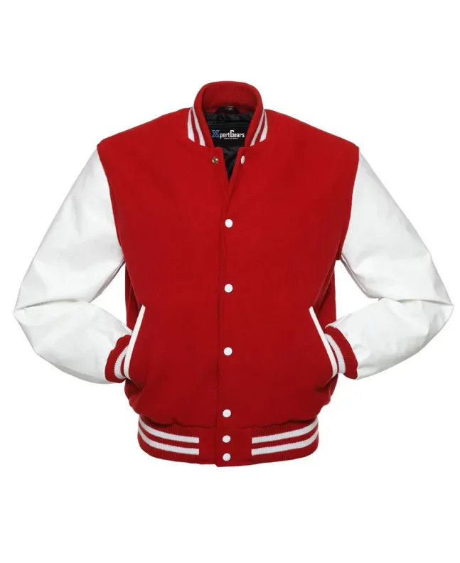 Red Wool Varsity Jacket with White Vinyl Sleeves - Front View