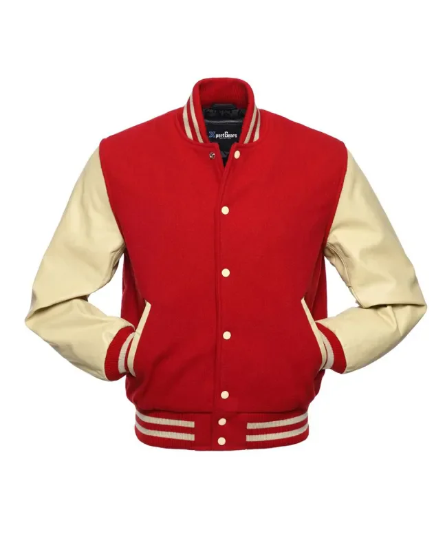 Red Wool and Cream Cowhide Leather American Varsity Jacket - Front View