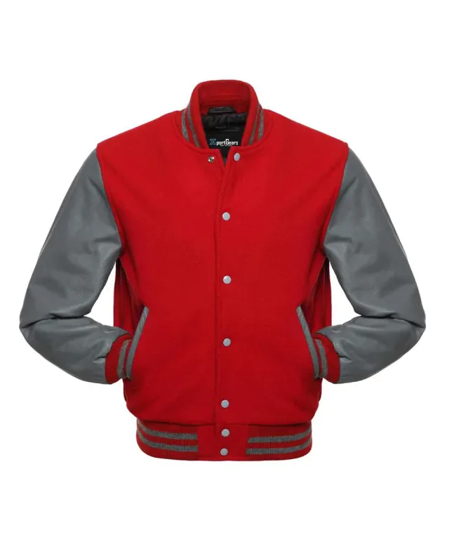 Red Wool and Grey Cowhide Leather American Varsity Jacket - Front View