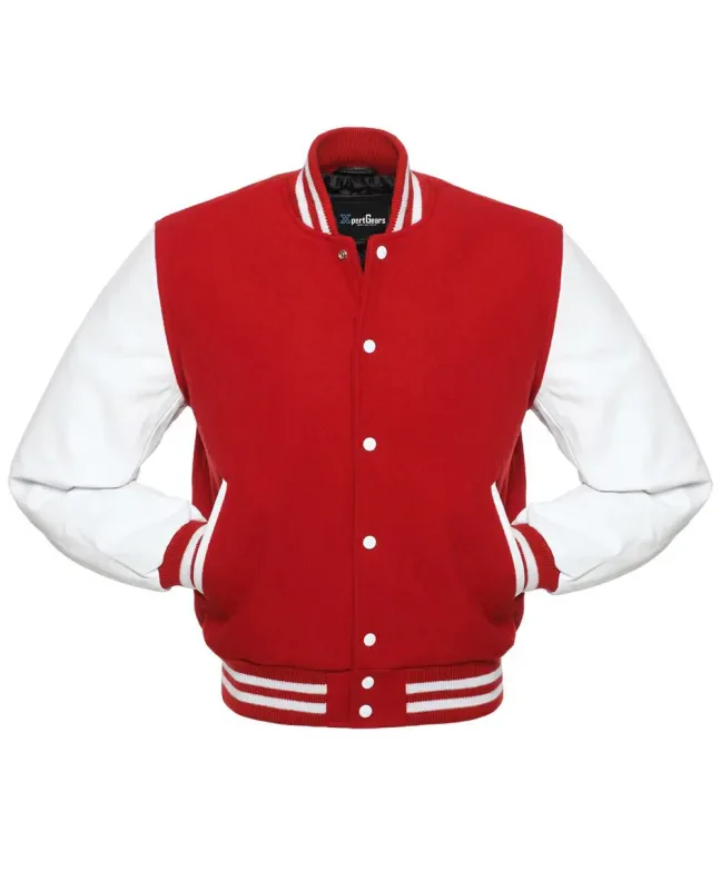 Red Wool and White Cowhide Leather American Varsity Jacket - Front View