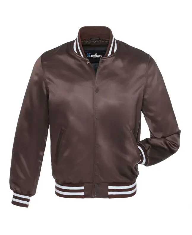 Rich Brown Striped Satin Bomber Jacket: Front view showcasing the rich brown satin fabric with contrasting stripes on cuffs and hem, featuring a stylish bomber design.