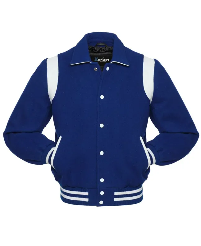 Front view of Royal Blue Retro Varsity Jacket featuring a retro collar, royal blue wool body and sleeves, and contrasting white leather shoulder inserts.