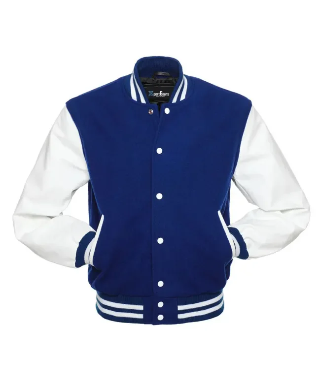 Royal Blue Wool American Varsity Jacket with White Vinyl Sleeves - Front View