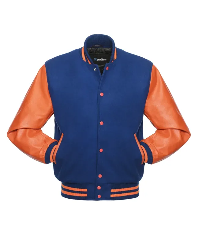 Royal Blue Wool and Orange Cowhide Leather American Varsity Jacket - Front View