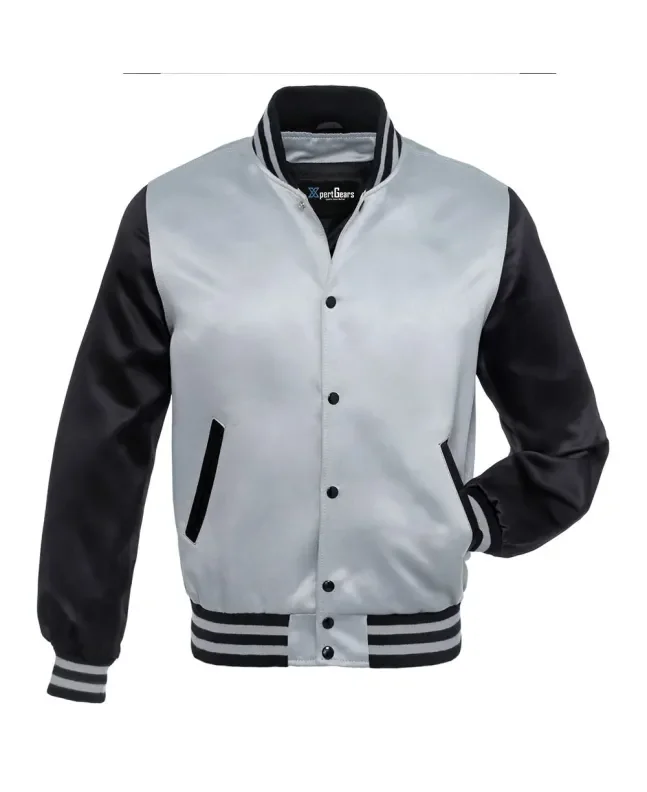 Silver and Black Striped Satin Bomber Jacket: Front view showcasing the sleek silver and black satin fabric with contrasting stripes on cuffs and hem, featuring a stylish bomber design.