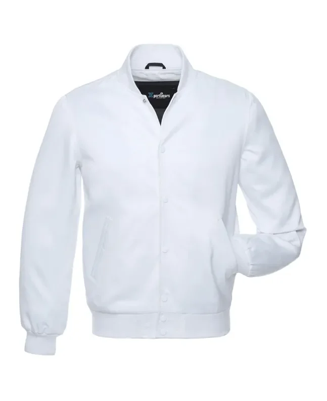 Snowy White Satin Bomber Jacket: Front view showcasing the elegant snowy white satin fabric with ribbed cuffs and hem, exuding a clean and stylish look.