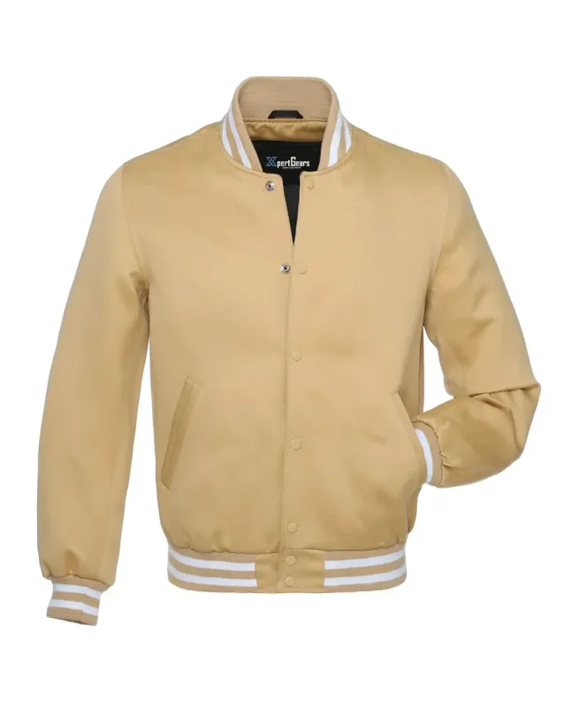 Vegas Gold Striped Satin Bomber Jacket: Front view showcasing the radiant vegas gold satin fabric with contrasting stripes on cuffs and hem, featuring a stylish bomber design.