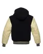 Back side view of Black and Cream Varsity Jacket showcasing the clean design with quilted lining, highlighting the contrast between black wool and elegant cream leather sleeves.