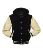Front view of Black and Cream Varsity Jacket featuring a hoodie collar, black wool body, and sophisticated cream leather sleeves.