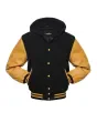 Front view of Black and Gold Varsity Jacket featuring a hoodie collar, black wool body, and opulent gold leather sleeves.