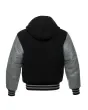 Back side view of Black and Grey Varsity Jacket showcasing the clean design with quilted lining, highlighting the contrast between black wool and sophisticated grey leather sleeves.