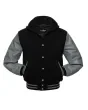 Front view of Black and Grey Varsity Jacket featuring a hoodie collar, sleek black wool body, and refined grey leather sleeves.