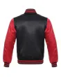 Black & Red Satin Sleeve Bomber Jacket: Back view displaying the design elements with black and red fabrics, offering a glimpse of the jacket's stylish details from behind.