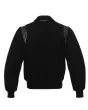 Back side view of Black Retro Varsity Jacket showcasing the clean design with lightweight lining and classic black wool sleeves.