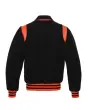 Back side view of Black Retro Varsity Jacket showcasing the clean design with lightweight lining and classic black wool sleeves.