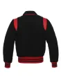 Back side view of Black Retro Varsity Jacket showcasing the clean design with lightweight lining and classic black wool sleeves.