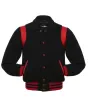 Front view of Black Retro Varsity Jacket featuring a retro collar, black wool body and sleeves, and bold red leather shoulder inserts.