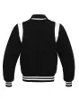 Back side view of Black Retro Varsity Jacket showcasing the clean design with lightweight lining and classic black wool sleeves.