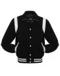 Front view of Black Retro Varsity Jacket featuring a retro collar, black wool body, and distinctive white leather shoulder inserts.
